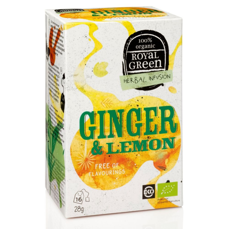 Pomačkaný obal Royal Green zázvorový čaj Ginger & Lemon BIO 16 x 1,8 g